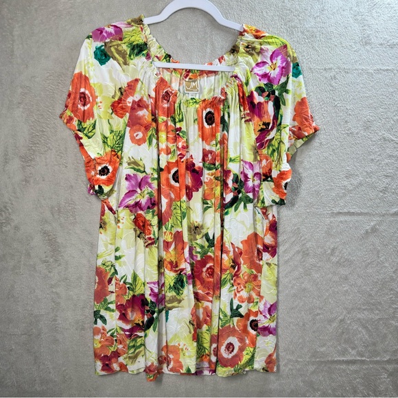 JM Collection Floral Multi-Color Top Short Sleeve Plus Size 3X Tropical Hawaiian - Picture 1 of 7